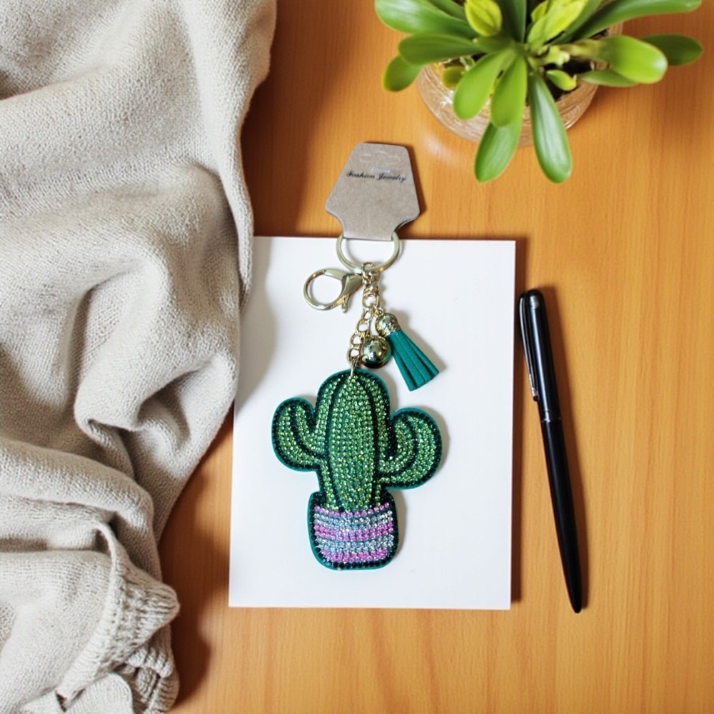 Sparkling Western Cowgirl Green Cactus Keychain with Tassel